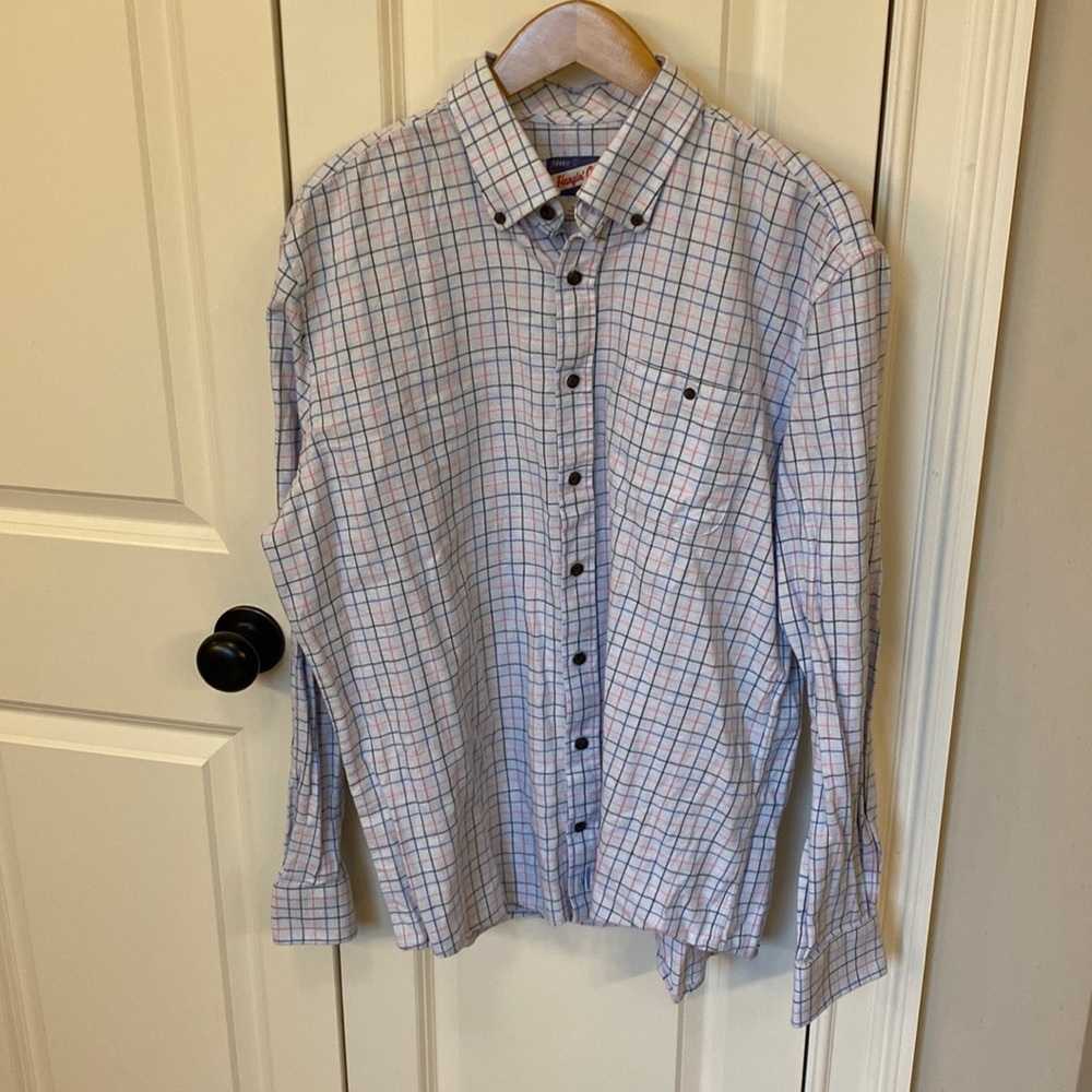 Large johnnie-O hangin’ out blue cotton grid plaid flannel large L button down
